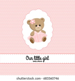 Baby album cover vector template for little girl, soft pink colors, easy to edit, with cute teddy bear girl, text place. Chevron pattern on background. Good for invitation, postcard, scrapbook.