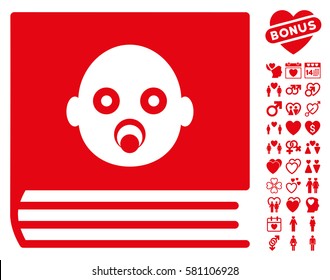 Baby Album pictograph with bonus valentine design elements. Vector illustration style is flat iconic red symbols on white background.