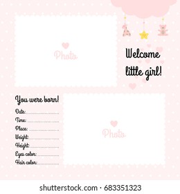 Baby album vector template for a little girl in soft pastel pink colors ready design easy to edit with place for text about child metrics: date and place of birth, weight, height, eyes and hair color.