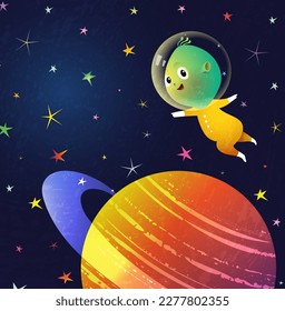 Baby Alien or extraterrestrial adventure in outer space . Cute alien on a starry background with red planet, fiction cartoon illustration for children. Childish fantasy vector graphic.