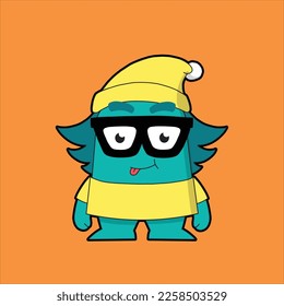 baby alien mascots, monsters, animals with tosca hair and skin tongue popping, wearing yellow shirt and kid's hat
