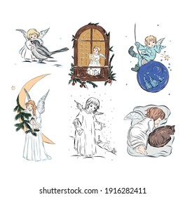 Baby angel. Biblical heavenly symbol of people with wings. Decor for greeting retro cards for Christmas, Easter and other religious holidays. 
