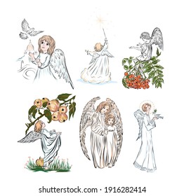 Baby angel. Biblical heavenly symbol of people with wings. Decor for greeting retro cards for Christmas, Easter and other religious holidays. 