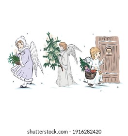Baby angel. Biblical heavenly symbol of people with wings. Decor for greeting retro cards for Christmas, Easter and other religious holidays. 
