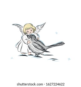 Baby angel with bird. Biblical heavenly symbol of man with wings. Decor for greeting retro cards for Christmas, Easter and other religious holidays. Illustration for children's tales.