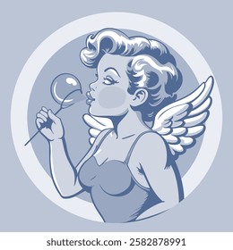 Baby angel blowing soap bubble. Vintage vector poster.