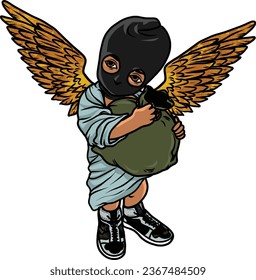 Baby Angel Carrying Money Bag Big Wings Sneakers Shoes Ski Mask Burglar Crime Child Gangster Hustler Hustling Grind Grinding