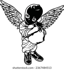 Baby Angel Carrying Money Bag Big Wings Sneakers Shoes Ski Mask Burglar Crime Child Gangster Hustler Hustling Grind Grinding