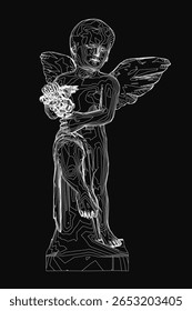A baby angel with delicate wings holds a single flower in one hand and a bouquet in the other, standing against a dark mysterious background. The black and white drawing evokes a timeless.