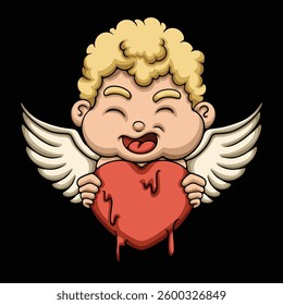 baby angel holding love in cartoon illustration style