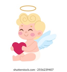 A baby angel holding a red heart. The angel is smiling and has wings. The baby is wearing a diaper