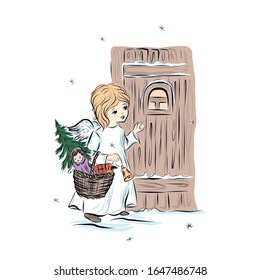 Baby angel knocks on the door holding basket with doll and Christmas tree. Walk under the snow. 