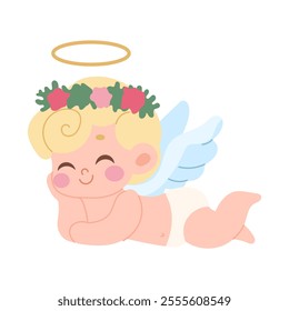 A baby angel is laying down with a flower crown on its head. The angel is smiling and he is very happy