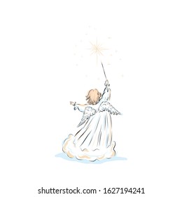 Baby angel with Magic wand. Biblical heavenly symbol of man with wings. Decor for greeting retro cards for Christmas, Easter and other religious holidays. Illustration for fairytale.