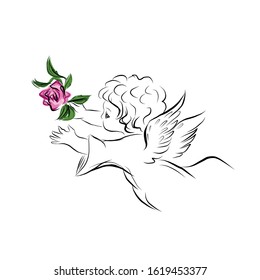 Baby angel with pink flower. Biblical heavenly symbol of man with wings. Decor for greeting retro cards for Christmas, Easter and other religious holidays. Illustration for children's tales.