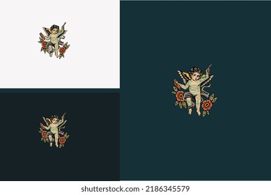 baby angel and red flowers vector illustration design