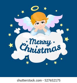 Baby angel vector cartoon character. Merry Christmas. Angel wings on a cloud. Greeting card. Cupid lying on a cloud isolated illustration. Eps 10.