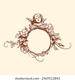 Baby Angel wings flower frame retro vintage art illustration ancient greece