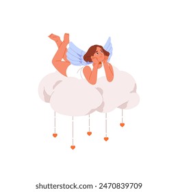 Baby angel with wings lying on cloud with hearts, relaxes, dreams. Cute cupid flying in the air. Symbol of love. St. Valentines Day concept. Flat isolated vector illustration on white background