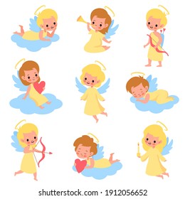 Baby angels. Funny kids cupids with wings characters, boys and girls with romantic arrows, trumpet and bows, blonde heaven angelic children on clouds different poses. Vector cute cartoon isolated set