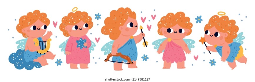 Baby angels. Little cute Amurs hold bow, arrows and harps. Chubby children with wings and halos. Cartoon curly haired boys on clouds. Religious flying characters. Vector