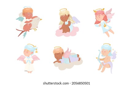 Baby angels set. Adorable cupidons with nimbus and wings cartoon vector illustration