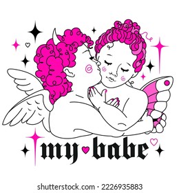 Baby angels together. Y2k style love concept, baby devil and cute angel. Fun vibrant goth aesthetic print with slogan. Weird gothic hand drawn illustration, pink color, 90s, 00s cool aesthetic. svg