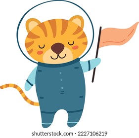 Baby animal astronaut with flag. Cartoon space tiger