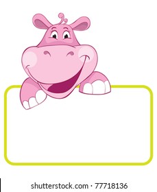 Baby animal banner. Hippo. Cartoon label.