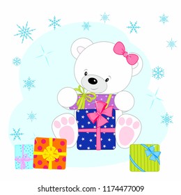 baby animal bear cute white girl with bow with holiday gift boxes vector winter