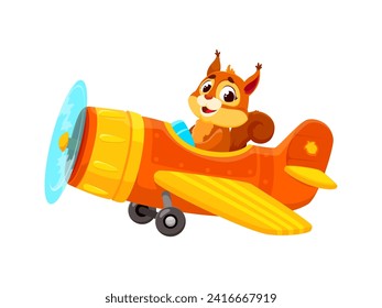 Baby animal character on plane. Cartoon animal squirrel kid airplane pilot. Isolated vector pint-sized adventurer, fearlessly navigates a tiny biplane, ready for high-flying escapades in the wide sky