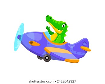 Baby animal character on plane. Cartoon animal crocodile kid airplane pilot. Isolated vector cute alligator cub joyfully maneuvers a tiny vintage aeroplane through the skies with its adventurous charm
