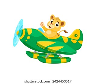 Personaje de animal bebé en el avión. Piloto de avión animal lion kid. Aislado vector lindo cachorro navega alegremente un biplano caprichoso a través de las nubes esponjosas, irradiando inocencia y aventura