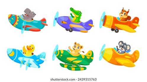 Personajes de animales de bebé en los planos, ardilla y cocodrilo vector de dibujos animados, pato y koala. Divertido león e hipopótamo como pilotos de avión para niños de juguete, personajes divertidos aviadores que vuelan en aviones de hélice