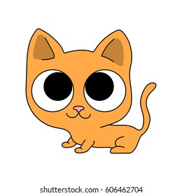 Baby animal. Childish cartoon style funny and cute smiling little red domestic cat with big eyes isolated on white background. Playful orange kitten. Colorful illustration with thin black outline.