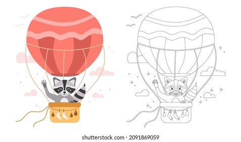 Baby animal concept illustration. Cute coloring book for children and adults. Character for kids. Cute raccoon on a balloon for a coloring page. Vector illustration.