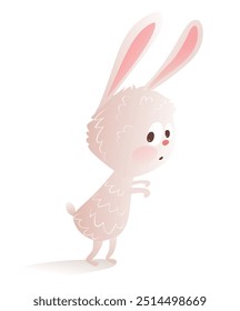 Baby animal design, cute timid rabbit or bunny character for children. Quirky little shy bunny graphics. Vector cartoon clip art for kids. Isolated illustration in watercolor style.