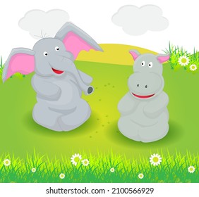 baby animal elephant and hippo sit and talking in nature