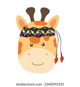 Baby Animal Face Illustration WIth Bohemian Style. Flat vector boho animal heads. Boho forest animal faces.