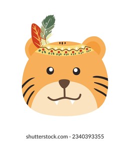 Baby Animal Face Illustration WIth Bohemian Style. Flat vector boho animal heads. Boho forest animal faces.