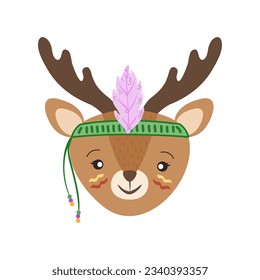 Baby Animal Face Illustration WIth Bohemian Style. Flat vector boho animal heads. Boho forest animal faces.