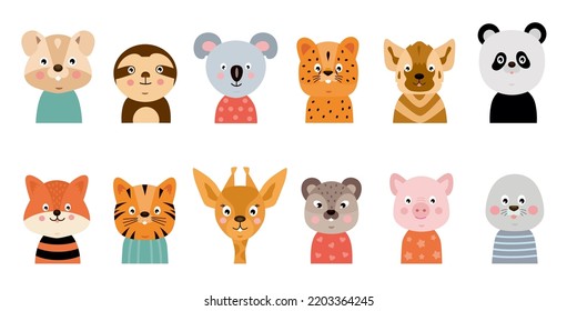 Baby Animal Faces, Cute Characters Heads, Baby Shower, Forest Wildlife Child Card, Simple Zoo Birthday Party Decor. Funny Sloth, Koala And Tiger. Kids Print And Nursery. Vector Cartoon Icons