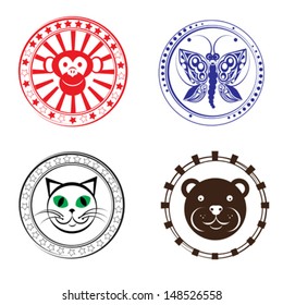 Baby animal head stamps collection, decorative seals isolated on white