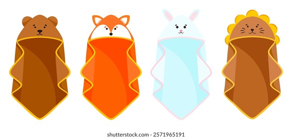 Baby animal hooded towels set of vector illustrations. Kids bath, towel with corner for babies