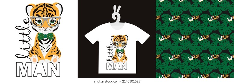 Baby Animal Prints and natural seamless pattern on T-shirts, textile, sweatshirts. Typography kids design Cute baby tiger. Isolated vector illustration