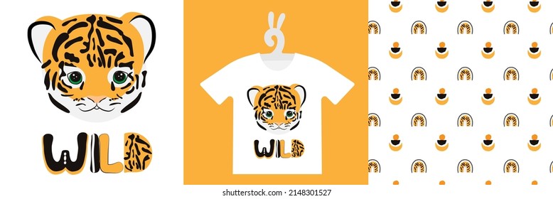 Baby Animal Prints and natural seamless pattern on T-shirts, textile, sweatshirts. Typography kids design Cute baby tiger. Isolated vector illustration