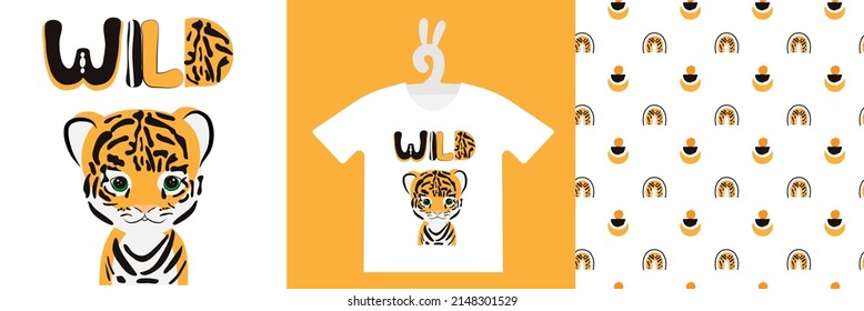 Baby Animal Prints and natural seamless pattern on T-shirts, textile, sweatshirts. Typography kids design Cute baby tiger. Isolated vector illustration