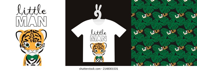 Baby Animal Prints and natural seamless pattern on T-shirts, textile, sweatshirts. Typography kids design Cute baby tiger. Isolated vector illustration