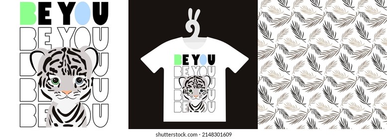 Baby Animal Prints and natural seamless pattern on T-shirts, textile, sweatshirts. Typography kids design Cute baby tiger. Isolated vector illustration