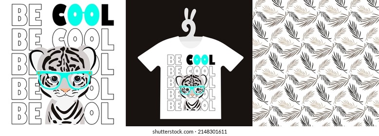 Baby Animal Prints and natural seamless pattern on T-shirts, textile, sweatshirts. Typography kids design Cute baby tiger. Isolated vector illustration